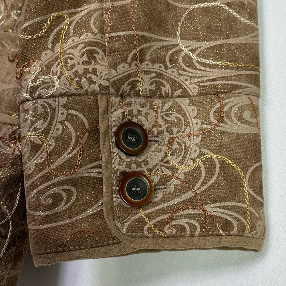 Coldwater Creek Jacket Brown Embroidered Floral Gold Glitter 3/4 Sleeve Jacket - Picture 5 of 7
